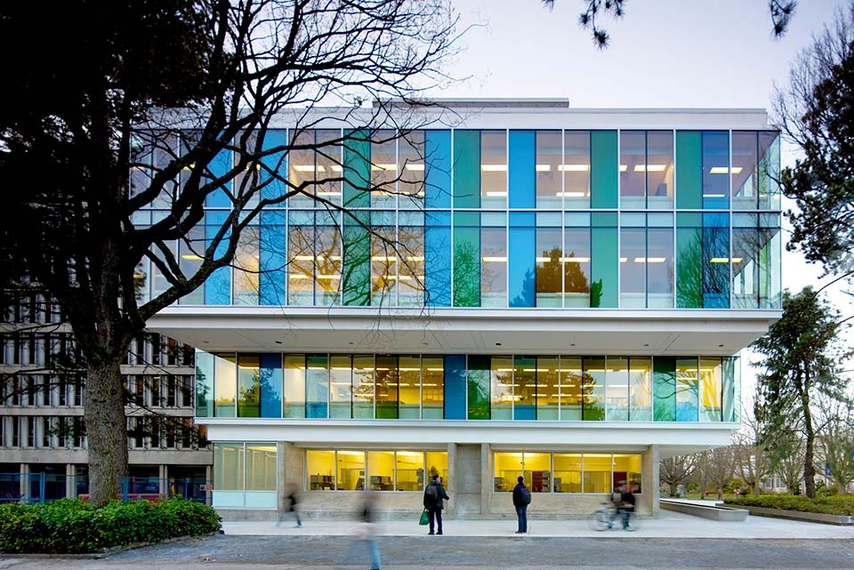 Image of Sauder building from outside during the evening