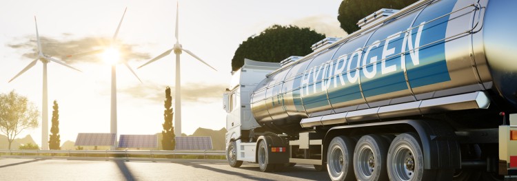 Hydrogen tanker approaching windmills