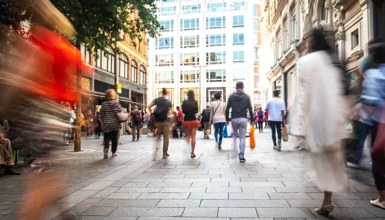 Motion blurred London shopping street